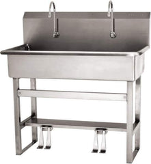 SANI-LAV - 37" Long x 16-1/2" Wide Inside, 1 Compartment, Grade 304 Stainless Steel (3) Person Wash-Station with Double Foot Valves - 16 Gauge, 40" Long x 20" Wide x 45" High Outside, 8" Deep - Top Tool & Supply