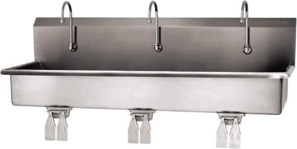 SANI-LAV - 57" Long x 16-1/2" Wide Inside, 1 Compartment, Grade 304 Stainless Steel (3) Person Wash-Station with Double Foot Valves - 16 Gauge, 60" Long x 20" Wide x 18" High Outside, 8" Deep - Top Tool & Supply