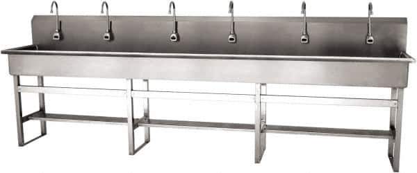 SANI-LAV - 117" Long x 16-1/2" Wide Inside, 1 Compartment, Grade 304 Stainless Steel (6) Person Wash-Station with Electronic Faucet - 16 Gauge, 120" Long x 20" Wide x 45" High Outside, 8" Deep - Top Tool & Supply