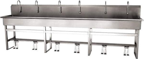 SANI-LAV - 117" Long x 16-1/2" Wide Inside, 1 Compartment, Grade 304 Stainless Steel (6) Person Wash-Station with Double Foot Valves - 16 Gauge, 120" Long x 20" Wide x 45" High Outside, 8" Deep - Top Tool & Supply