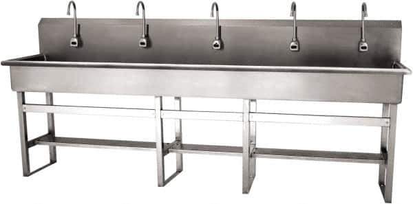 SANI-LAV - 97" Long x 16-1/2" Wide Inside, 1 Compartment, Grade 304 Stainless Steel (5) Person Wash-Station with Electronic Faucet - 16 Gauge, 100" Long x 20" Wide x 45" High Outside, 8" Deep - Top Tool & Supply