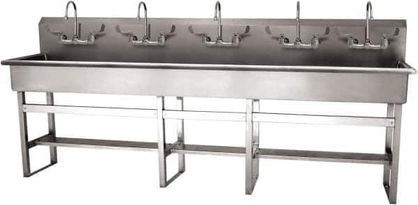 SANI-LAV - 97" Long x 16-1/2" Wide Inside, 1 Compartment, Grade 304 Stainless Steel (5) Person Wash-Station with Manual Faucet - 16 Gauge, 100" Long x 20" Wide x 45" High Outside, 8" Deep - Top Tool & Supply