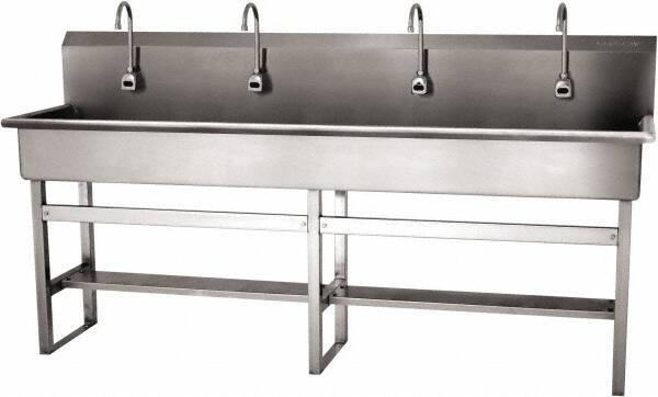 SANI-LAV - 77" Long x 16-1/2" Wide Inside, 1 Compartment, Grade 304 Stainless Steel (4) Person Wash-Station with Electronic Faucet - 16 Gauge, 80" Long x 20" Wide x 45" High Outside, 8" Deep - Top Tool & Supply