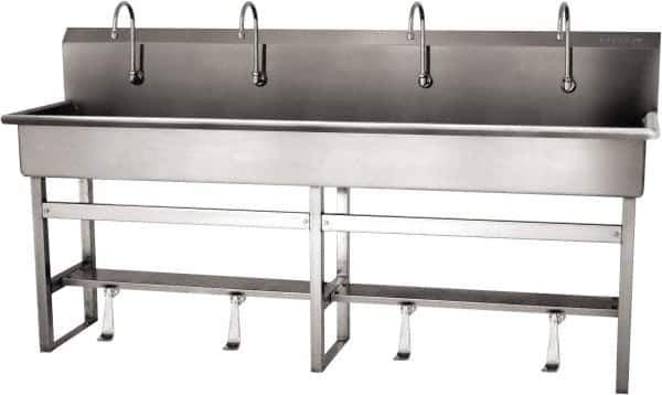 SANI-LAV - 77" Long x 16-1/2" Wide Inside, 1 Compartment, Grade 304 Stainless Steel (5) Person Wash-Station with Single Foot Valves - 16 Gauge, 80" Long x 20" Wide x 45" High Outside, 8" Deep - Top Tool & Supply