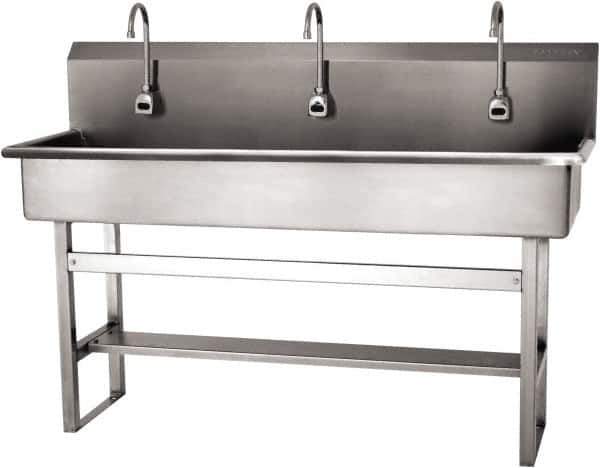 SANI-LAV - 57" Long x 16-1/2" Wide Inside, 1 Compartment, Grade 304 Stainless Steel (4) Person Wash-Station with Electronic Faucet - 16 Gauge, 60" Long x 20" Wide x 45" High Outside, 8" Deep - Top Tool & Supply