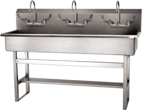 SANI-LAV - 57" Long x 16-1/2" Wide Inside, 1 Compartment, Grade 304 Stainless Steel (4) Person Wash-Station with Manual Faucet - 16 Gauge, 60" Long x 20" Wide x 45" High Outside, 8" Deep - Top Tool & Supply