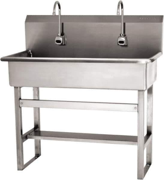 SANI-LAV - 37" Long x 16-1/2" Wide Inside, 1 Compartment, Grade 304 Stainless Steel (3) Person Wash-Station with Electronic Faucet - 16 Gauge, 40" Long x 20" Wide x 45" High Outside, 8" Deep - Top Tool & Supply