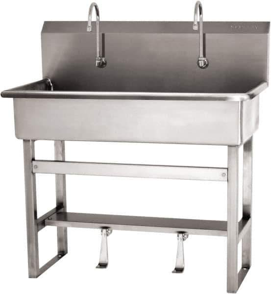 SANI-LAV - 37" Long x 16-1/2" Wide Inside, 1 Compartment, Grade 304 Stainless Steel (3) Person Wash-Station with Single Foot Valves - 16 Gauge, 40" Long x 20" Wide x 45" High Outside, 8" Deep - Top Tool & Supply