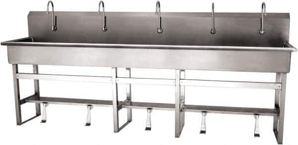 SANI-LAV - 97" Long x 16-1/2" Wide Inside, 1 Compartment, Grade 304 Stainless Steel (5) Person Wash-Station with Single Foot Valves - 16 Gauge, 100" Long x 20" Wide x 45" High Outside, 8" Deep - Top Tool & Supply