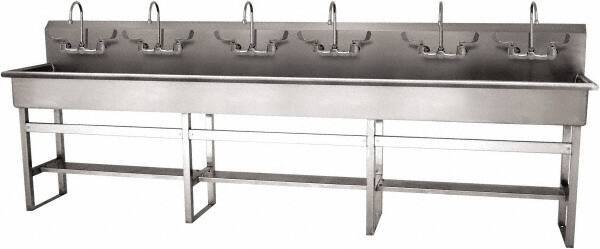 SANI-LAV - 117" Long x 16-1/2" Wide Inside, 1 Compartment, Grade 304 Stainless Steel (6) Person Wash-Station with Manual Faucet - 16 Gauge, 120" Long x 20" Wide x 45" High Outside, 8" Deep - Top Tool & Supply