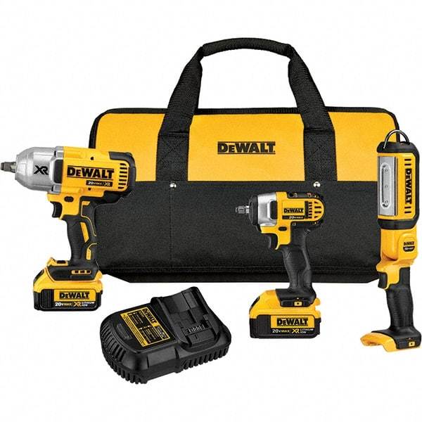 DeWALT - 20 Volt Cordless Tool Combination Kit - Includes 1/2" Impact Wrench, 3/8" Impact Wrench & Handheld Light, Lithium-Ion Battery Included - Top Tool & Supply