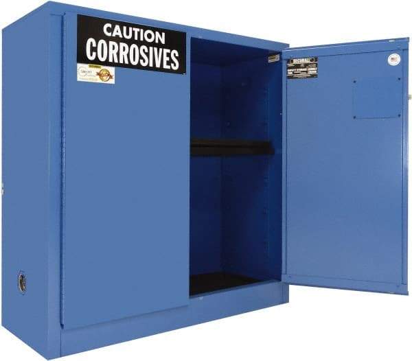 Securall Cabinets - 2 Door, 1 Shelf, Blue Steel Standard Safety Cabinet for Corrosive Chemicals - 44" High x 43" Wide x 18" Deep, Manual Closing Door, 3 Point Key Lock, 30 Gal Capacity - Top Tool & Supply