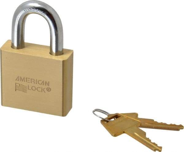 American Lock - 1-1/8" Shackle Clearance, Keyed Different A5570 Padlock - 3/8" Shackle Diam, Steel & Brass, with Solid Extruded Brass Finish - Top Tool & Supply