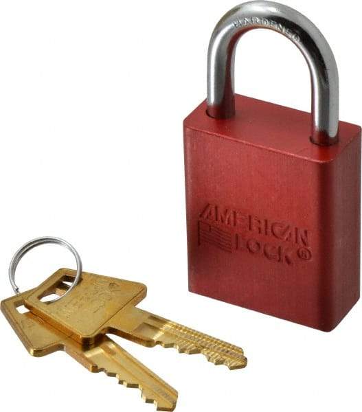 American Lock - Keyed Alike Conductive Lockout Padlock - 1" Shackle Clearance, 1/4" Shackle Diam, 1.8" Body Height x 1-1/2" Body Width, Red, 5 Pins - Top Tool & Supply