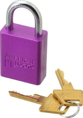 American Lock - Keyed Alike Conductive Lockout Padlock - 1" Shackle Clearance, 1/4" Shackle Diam, 1.8" Body Height x 1-1/2" Body Width, Purple, 5 Pins - Top Tool & Supply