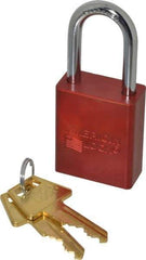 American Lock - Keyed Alike Retaining Key Conductive Lockout Padlock - 1-1/2" Shackle Clearance, 1/4" Shackle Diam, 1.8" Body Height x 1-1/2" Body Width, Red, 5 Pins - Top Tool & Supply