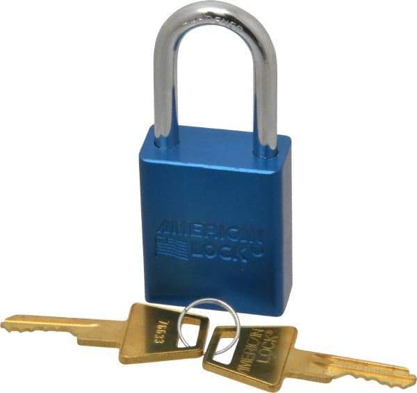 American Lock - Keyed Different Conductive Lockout Padlock - 1-1/2" Shackle Clearance, 1/4" Shackle Diam, 1.8" Body Height x 1-1/2" Body Width, Blue, 5 Pins - Top Tool & Supply