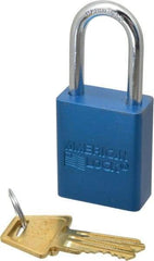 American Lock - Keyed Alike Conductive Lockout Padlock - 1-1/2" Shackle Clearance, 1/4" Shackle Diam, 1.8" Body Height x 1-1/2" Body Width, Blue, 5 Pins - Top Tool & Supply