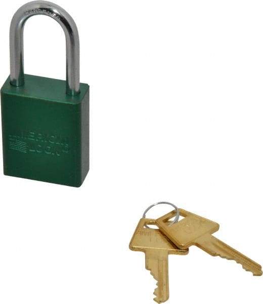 American Lock - Keyed Alike Conductive Lockout Padlock - 1-1/2" Shackle Clearance, 1/4" Shackle Diam, 1.8" Body Height x 1-1/2" Body Width, Green, 5 Pins - Top Tool & Supply