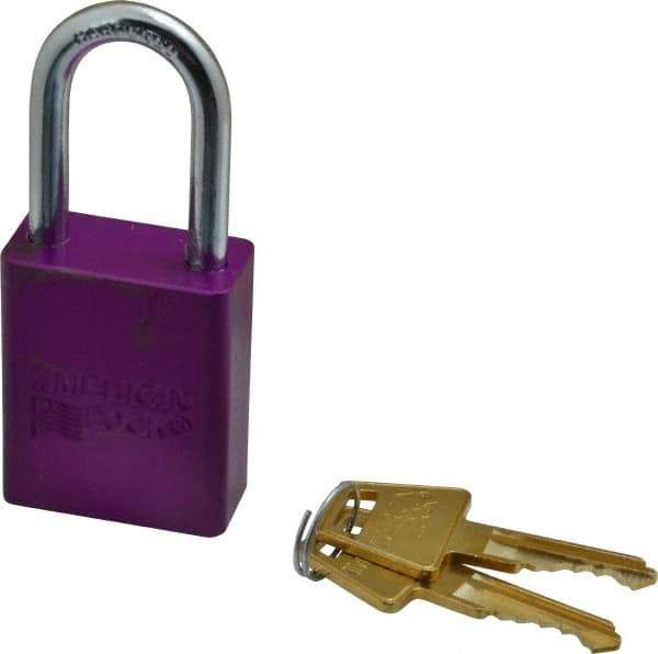 American Lock - Keyed Different Conductive Lockout Padlock - 1-1/2" Shackle Clearance, 1/4" Shackle Diam, 1.8" Body Height x 1-1/2" Body Width, Purple, 5 Pins - Top Tool & Supply