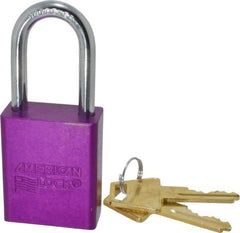 American Lock - Keyed Alike Conductive Lockout Padlock - 1-1/2" Shackle Clearance, 1/4" Shackle Diam, 1.8" Body Height x 1-1/2" Body Width, Purple, 5 Pins - Top Tool & Supply