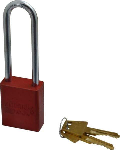 American Lock - Keyed Alike Conductive Lockout Padlock - 3" Shackle Clearance, 1/4" Shackle Diam, 1.8" Body Height x 1-1/2" Body Width, Red, 5 Pins - Top Tool & Supply