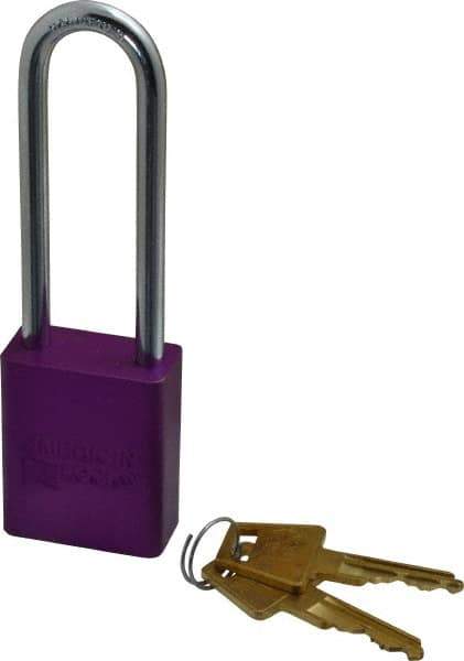 American Lock - Keyed Alike Conductive Lockout Padlock - 3" Shackle Clearance, 1/4" Shackle Diam, 1.8" Body Height x 1-1/2" Body Width, Purple, 5 Pins - Top Tool & Supply