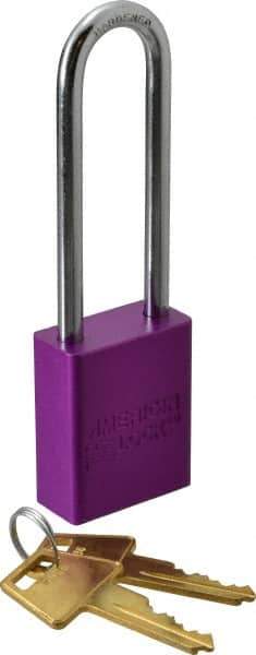 American Lock - Keyed Alike Conductive Lockout Padlock - 3" Shackle Clearance, 1/4" Shackle Diam, 1.8" Body Height x 1-1/2" Body Width, Purple, 5 Pins - Top Tool & Supply