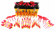 66 Piece - Insulated Tool Set with Pliers; Cutters; Nut Drivers; Screwdrivers; T Handles; Knife; Sockets & 3/8" Drive Ratchet w/Extension; Adjustable Wrench - Top Tool & Supply