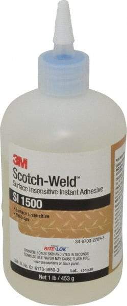 3M - 1 Lb Bottle Clear Instant Adhesive - Series SI1500, 5 to 60 sec Working Time, 24 hr Full Cure Time, Bonds to Cardboard, Ceramic, Fabric, Fiberglass, Foam, Glass, Leather, Metal, Paper, Plastic, Rubber, Vinyl & Wood - Top Tool & Supply