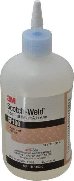 3M - 1 Lb Bottle Clear Instant Adhesive - Series SF100, 3 to 30 sec Working Time, 24 hr Full Cure Time, Bonds to Cardboard, Ceramic, Fabric, Fiberglass, Foam, Glass, Leather, Metal, Paper, Plastic, Rubber, Vinyl & Wood - Top Tool & Supply