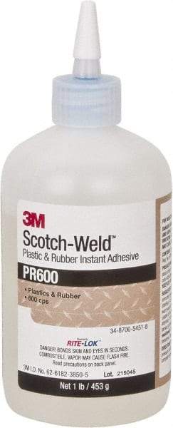 3M - 1 Lb Bottle Clear Instant Adhesive - Series PR600, 4 to 25 sec Working Time, 24 hr Full Cure Time, Bonds to Cardboard, Ceramic, Fabric, Fiberglass, Foam, Glass, Leather, Metal, Paper, Plastic, Rubber, Vinyl & Wood - Top Tool & Supply