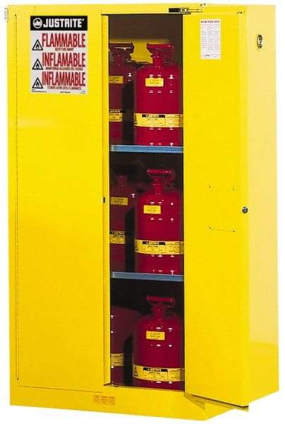 Justrite - 2 Door, 2 Shelf, Yellow Steel Standard Safety Cabinet for Flammable and Combustible Liquids - 65" High x 34" Wide x 34" Deep, Self Closing Door, 3 Point Key Lock, 60 Gal Capacity - Top Tool & Supply