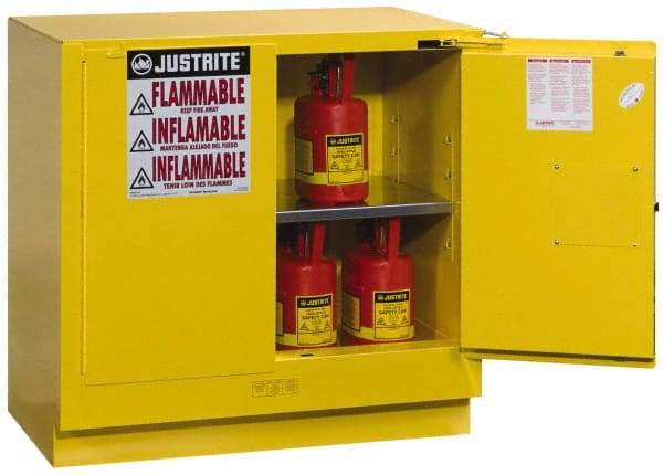 Justrite - 2 Door, 1 Shelf, Yellow Steel Under the Counter Safety Cabinet for Flammable and Combustible Liquids - 35" High x 35" Wide x 22" Deep, Self Closing Door, 22 Gal Capacity - Top Tool & Supply