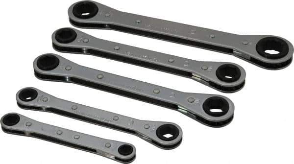 Lang - 5 Piece, 7 to 17mm, Ratcheting Box Wrench Set - Metric System of Measurement, Chrome Finish, Comes in Vinyl Roll - Top Tool & Supply