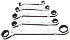 Lang - 5 Piece, 1/4 x 5/16 to 3/4 x 7/8", Ratcheting Box Wrench Set - Inch System of Measurement, Chrome Finish, Comes in Vinyl Roll - Top Tool & Supply