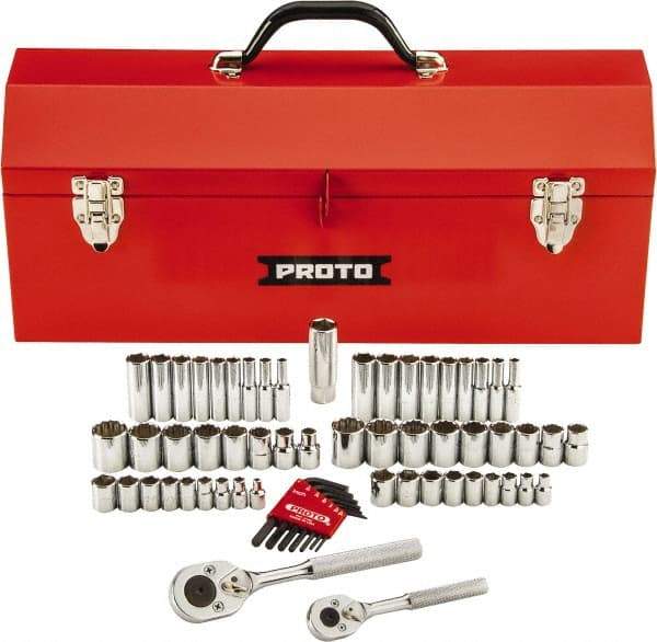 Proto - 63 Piece 1/4" & 3/8" Drive Full Polish Finish Deep Well Impact Socket Set - 6, 12 Points, 1/4" to 3/4" (5mm to 18mm) Range, Inch/Metric Measurement Standard - Top Tool & Supply