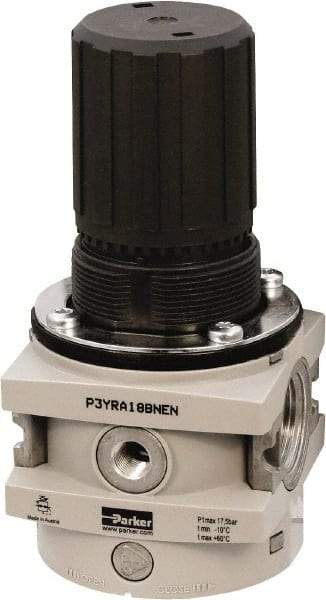 Parker - 3/4 NPT Port, 380 CFM, Aluminum Hi-Flow Regulator - 0 to 232 psi Range, 254 Max psi Supply Pressure, 1/4" Gauge Port Thread, 3-1/2" Wide x 7.2" High - Top Tool & Supply