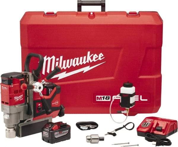 Milwaukee Tool - 1-1/2" Chuck, 5.75" Travel, Portable Magnetic Drill Press - 400 & 690 RPM, 9 Amps, 0.43 hp - Top Tool & Supply