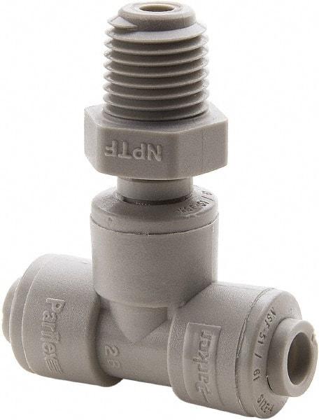 Parker - 3/8" Outside Diam, 1/8 NPTF, Acetal Push-to-Connect Tube Male Swivel Branch Tee - 300 Max psi, Gray - Top Tool & Supply