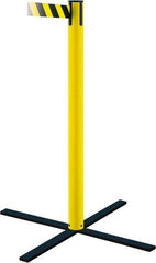 Tensator - 36" High, 5" Pole Diam, Stowaway Post - 22-3/4" Base Diam, Flat Metal Base, Yellow Plastic Post, 7-1/2' x 2" Tape, Single Line Tape, For Outdoor Use - Top Tool & Supply