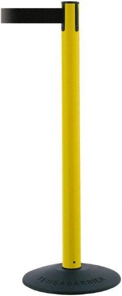 Tensator - 38" High, 2-1/2" Pole Diam, Barricade Tape Dispenser - 14" Base Diam, Round Stainless Steel Base, Yellow Polymer Post, 7-1/2' x 1-7/8" Tape, Single Line Tape, For Outdoor Use - Top Tool & Supply