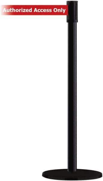 Tensator - 38" High, 2" Pole Diam, Barricade Tape Dispenser - 14" Base Diam, Round Plastic Base, Black Steel Post, 13' x 1-7/8" Tape, Single Line Tape, For Outdoor Use - Top Tool & Supply