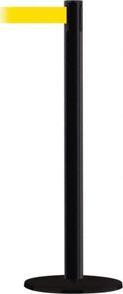 Tensator - 38" High, 2-1/2" Pole Diam, Barricade Tape Dispenser - 14" Base Diam, Round Stainless Steel Base, Black Steel Post, 13' x 1-7/8" Tape, Single Line Tape, For Outdoor Use - Top Tool & Supply