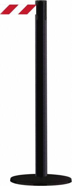 Tensator - 38" High, 2-1/2" Pole Diam, Barricade Tape Dispenser - 14" Base Diam, Round Stainless Steel Base, Black Steel Post, 13' x 1-7/8" Tape, Single Line Tape, For Outdoor Use - Top Tool & Supply