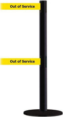 Tensator - 38" High, 2-1/2" Pole Diam, Barricade Tape Dispenser - 14" Base Diam, Round Plastic Base, Black Steel Post, 7-1/2' x 1-7/8" Tape, Dual Line Tape, For Outdoor Use - Top Tool & Supply