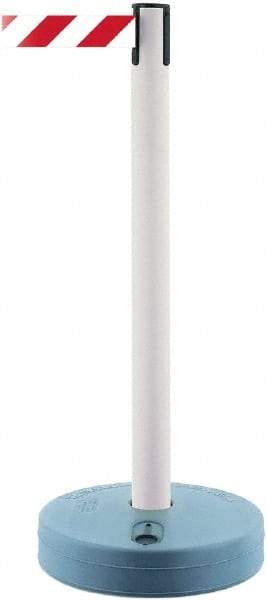 Tensator - 38" High, 2-1/2" Pole Diam, Barricade Tape Dispenser - 14" Base Diam, Round Plastic Base, White Polymer Post, 7-1/2' x 1-7/8" Tape, Single Line Tape, For Outdoor Use - Top Tool & Supply