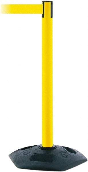 Tensator - 38" High, 2-1/2" Pole Diam, Barricade Tape Dispenser - 14" Base Diam, Round Rubber Base, Yellow Polymer Post, 7-1/2' x 1-7/8" Tape, Single Line Tape, For Outdoor Use - Top Tool & Supply