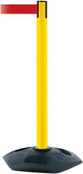 Tensator - 38" High, 2-1/2" Pole Diam, Barricade Tape Dispenser - 14" Base Diam, Round Rubber Base, Yellow Polymer Post, 7-1/2' x 1-7/8" Tape, Single Line Tape, For Outdoor Use - Top Tool & Supply