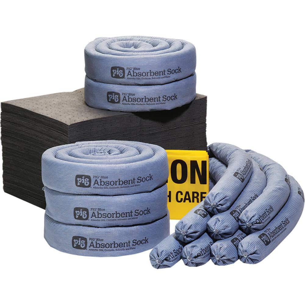 Spill Kits; Kit Type: Universal; Absorption Capacity: 38.0 gal; Includes: 8 - Ext. Dia. 3 in x 48 in L Pig Blue Absorbent Sock 5 - Ext. Dia. 3 in x 10 ft L Pig Blue Absorbent Sock 100 - 15 in W x 20 in L Pig Absorbent Mat Pad 10 - 18 in W x 30 in H Polyet